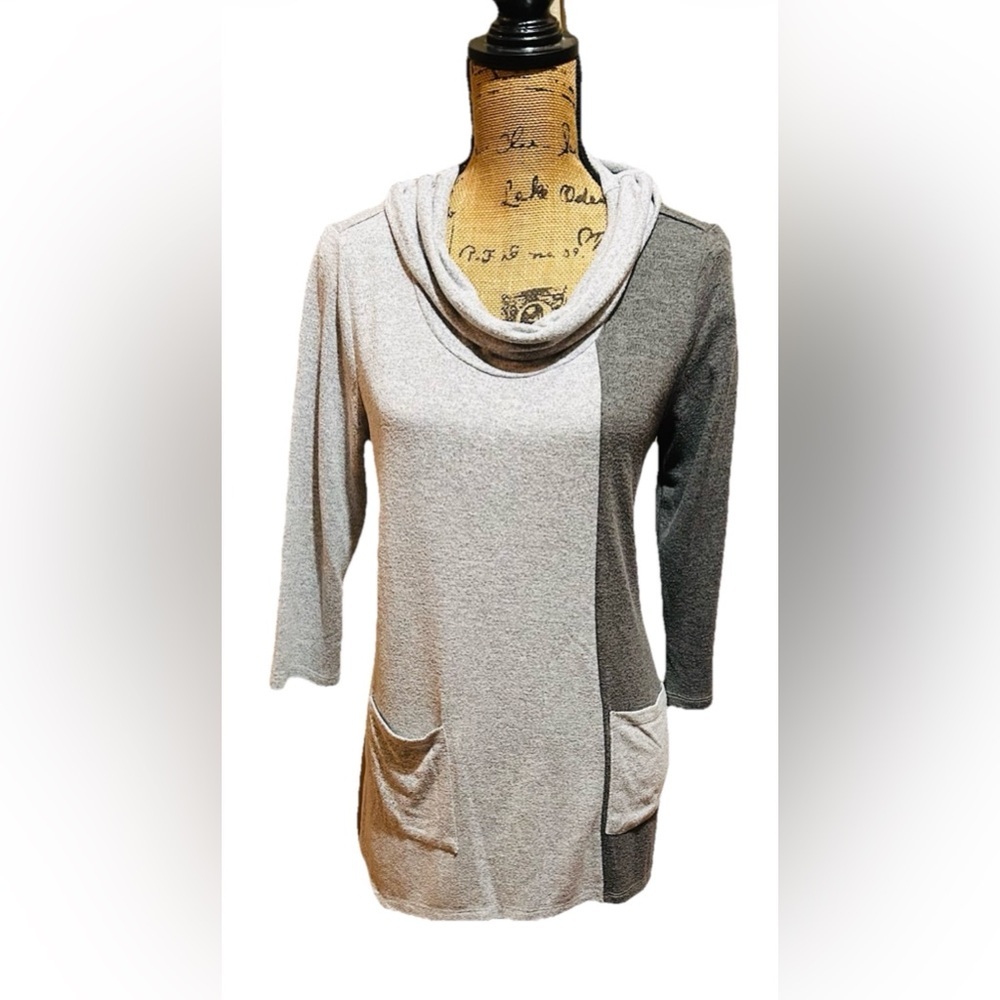 Soft Surroundings Cowl Neck Tunic SZ L 2 Tone Gray Top 3/4 Sleeve